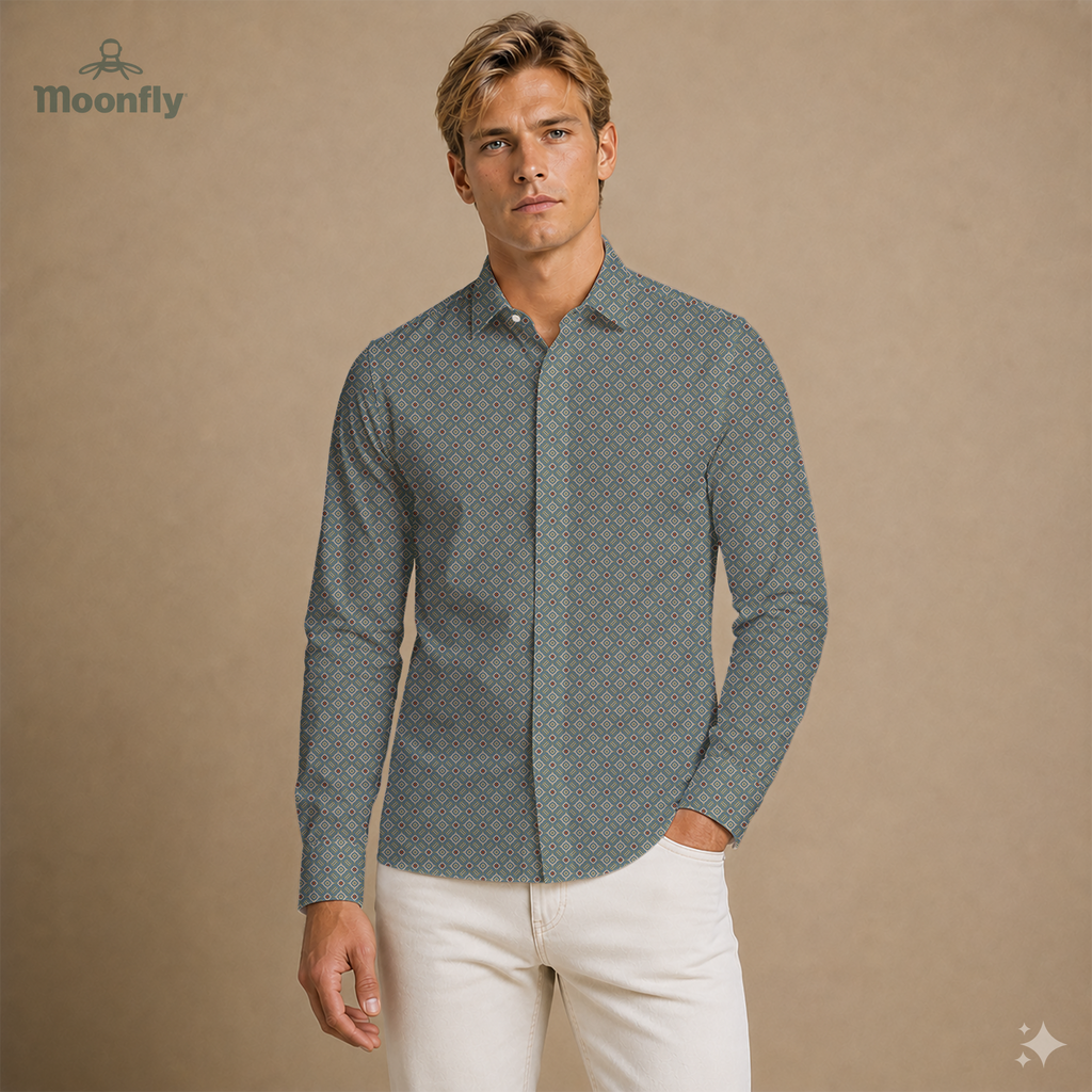 Men’s geometric blue, cream, yellow and red cotton long sleeve button-down shirt.