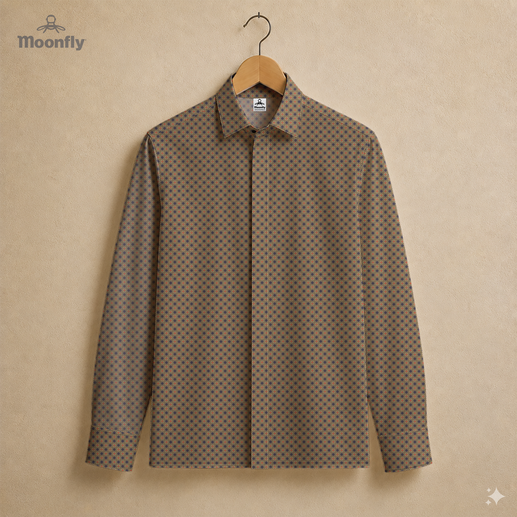 Men’s geometric black, light yellow, blue and dark red cotton long sleeve button-down shirt.
