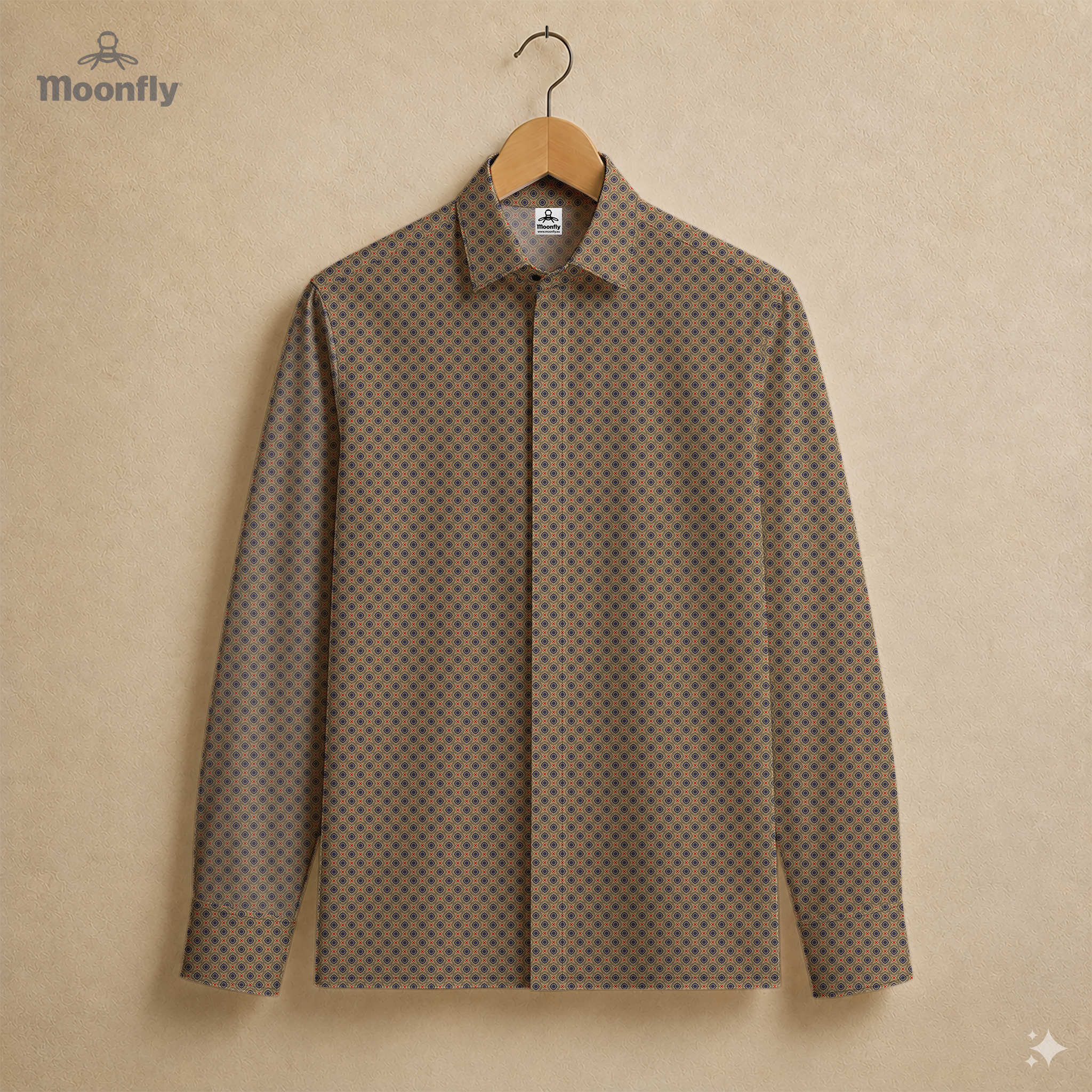 Men’s geometric black, light yellow, blue and dark red cotton long sleeve button-down shirt.