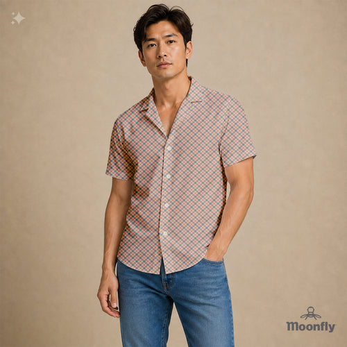 Men’s geometric-pattern cotton Hawaiian short-sleeve button-down shirt in blue, cream and pink.