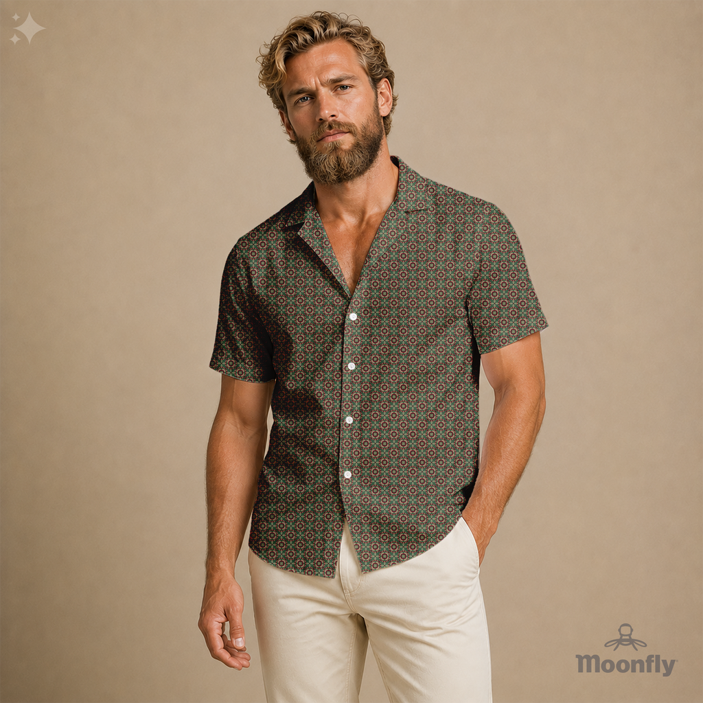  Men's Hawaiian short-sleeve button-down shirt in dark green, light green, bordeaux, pink and cream. 