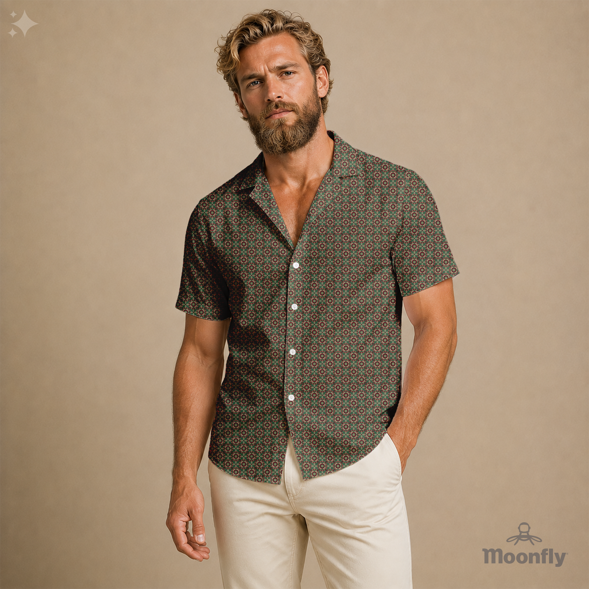  Men's Hawaiian short-sleeve button-down shirt in dark green, light green, bordeaux, pink and cream. 